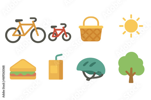 Family Cycling Picnic. Flat vector mini-illustrations Family cycling picnic outing in colors children's illustrations: parent and