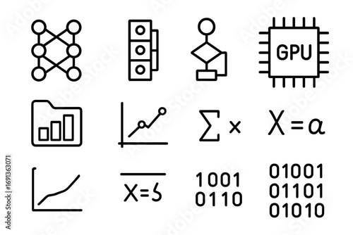 Machine Learning Icon Set. Outline icon set of machine learning models: neural nodes, training data, algorithm