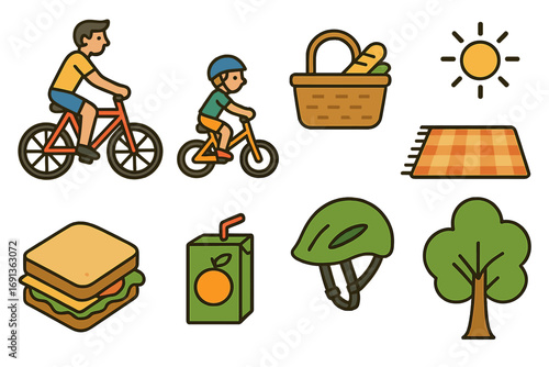 Family Cycling Picnic. Flat vector mini-illustrations Family cycling picnic outing in colors children's illustrations: parent and