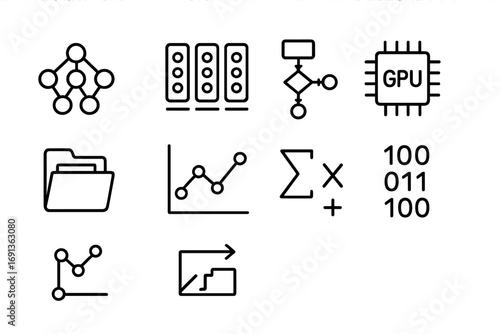 Machine Learning Icon Set. Outline icon set of machine learning models: neural nodes, training data, algorithm