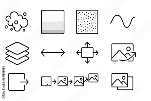 Diffusion Models Icon Set. Outline icon set of diffusion models: cloud particles, gradient square, pixel noise