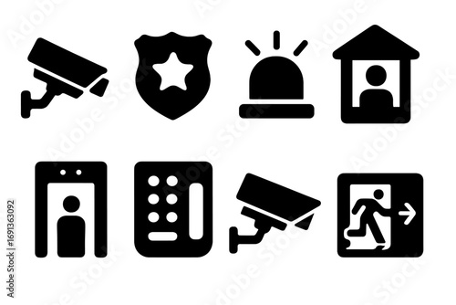Security Icon Set. Solid, filled icon set of headquarters security: surveillance camera, security badge, alarm, guard post, metal