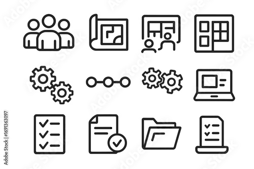 Project Study Icons. Outline icon set of project-based study groups: group of avatars, blueprint, task board,