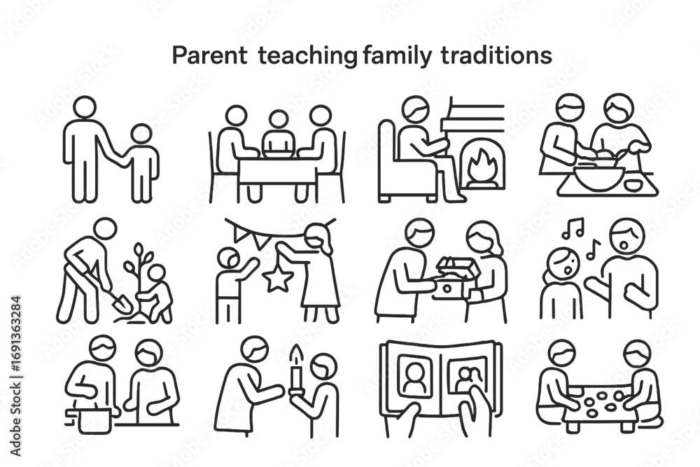 Fototapeta premium Family Tradition Icons. Outline icon set of Parents teaching family traditions: parent and child holding hands, family dinner