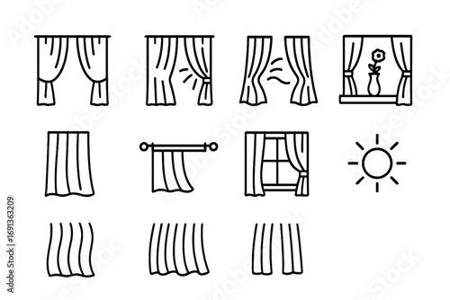 Sheer Curtain Icons. Outline icon set of sheer curtains: light fabric, sunlight rays, open breeze, flower vase
