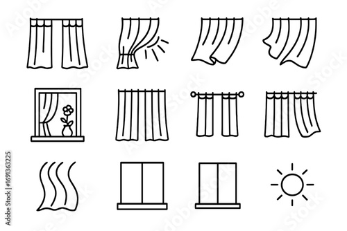 Sheer Curtain Icons. Outline icon set of sheer curtains: light fabric, sunlight rays, open breeze, flower vase