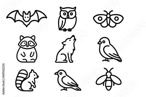 Nocturnal Creatures Icons. Outline icon set of nocturnal migrations: bats, owls, moths, hedgehogs, raccoons,