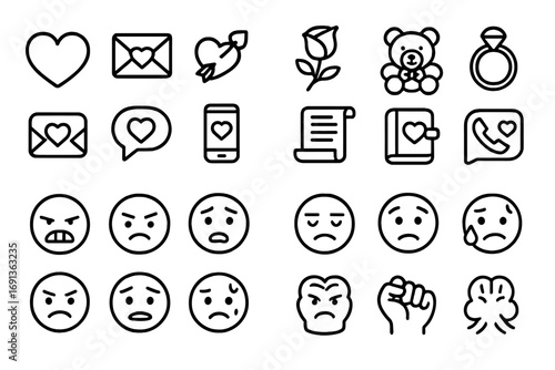 Outline Icon Sets. Outline icon set of sweetheart: heart shape, love letter, cupid arrow, rose flower, kissing lips, engagement