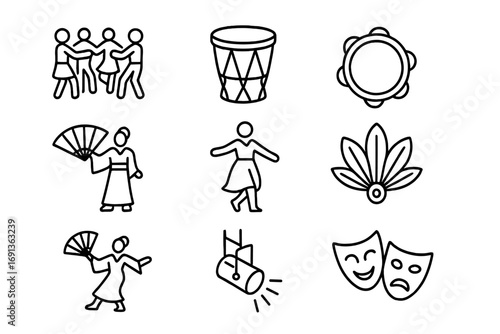 Cultural Dance Icons. Outline icon set of cultural dance groups: dancers in circle, drum, tambourine,