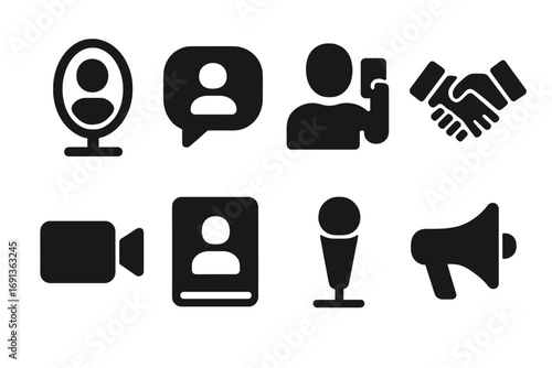 Self-Introduction Icon Set. Solid, filled icon set of self-introduction: mirror, speech bubble, selfie, handshake, video camera,