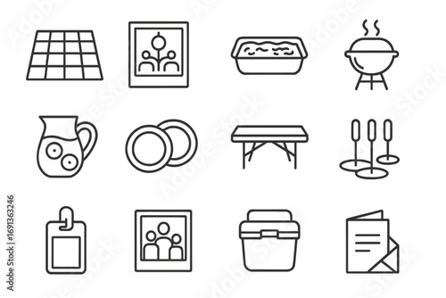 Family Picnic Icons. Outline icon set of Family reunion picnic: picnic blanket, family tree photo, potluck casserole, backyard