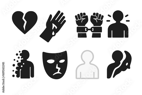 Icons of Self-Sacrifice. Solid, filled icon set of self-sacrifice symbols: broken heart, hand with cut, chained wrist, glowing