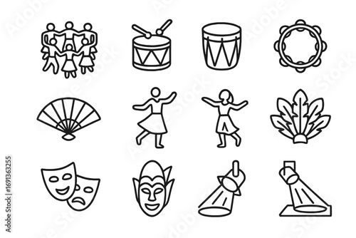 Cultural Dance Icons. Outline icon set of cultural dance groups: dancers in circle, drum, tambourine,