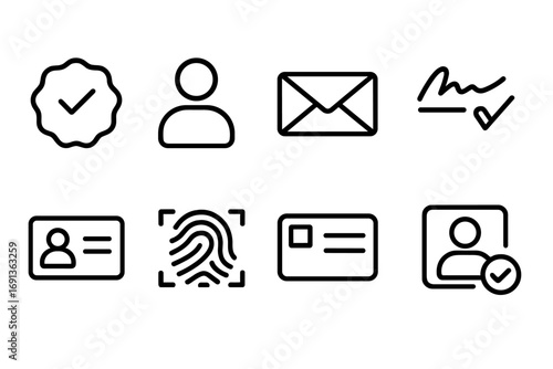 Sender Verification Icons. Outline icon set of sender verification: verified badge, user profile, mail envelope, signature check,