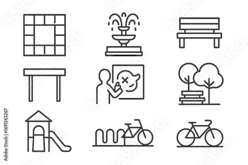 Public Space Icons. Outline icon set of public space innovation: plaza, fountain, seating bench, canopy,