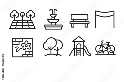 Public Space Icons. Outline icon set of public space innovation: plaza, fountain, seating bench, canopy,