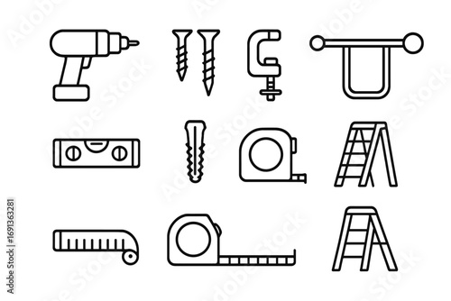 Curtain Installation Icons. Outline icon set of curtain installation: drill, screws, mounting bracket, curtain