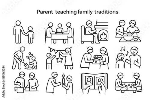 Family Tradition Icons. Outline icon set of Parents teaching family traditions: parent and child holding hands, family dinner