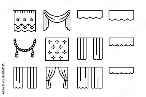 Decorative Drapery Icons. Outline icon set of decorative drapery: lace curtain, swag drape, pelmet, valance,