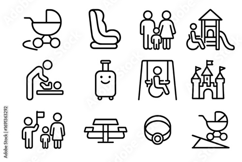 Family Travel Icons. Outline icon set of family-friendly accessible travel: stroller-friendly path, child safety seat, family