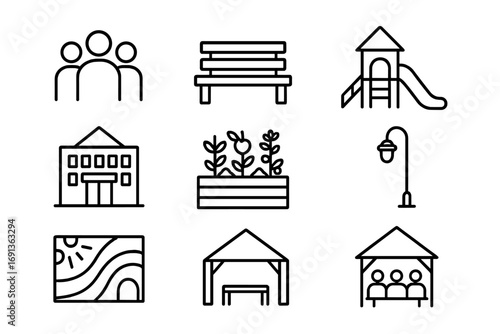 Community Design Icons. Outline icon set of community-centered design: people icon, park bench, playground,