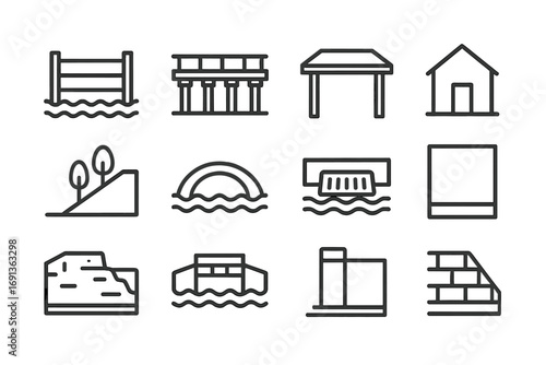 Resilient Urban Design Icons. Outline icon set of resilient urban design: flood barrier, raised walkway,