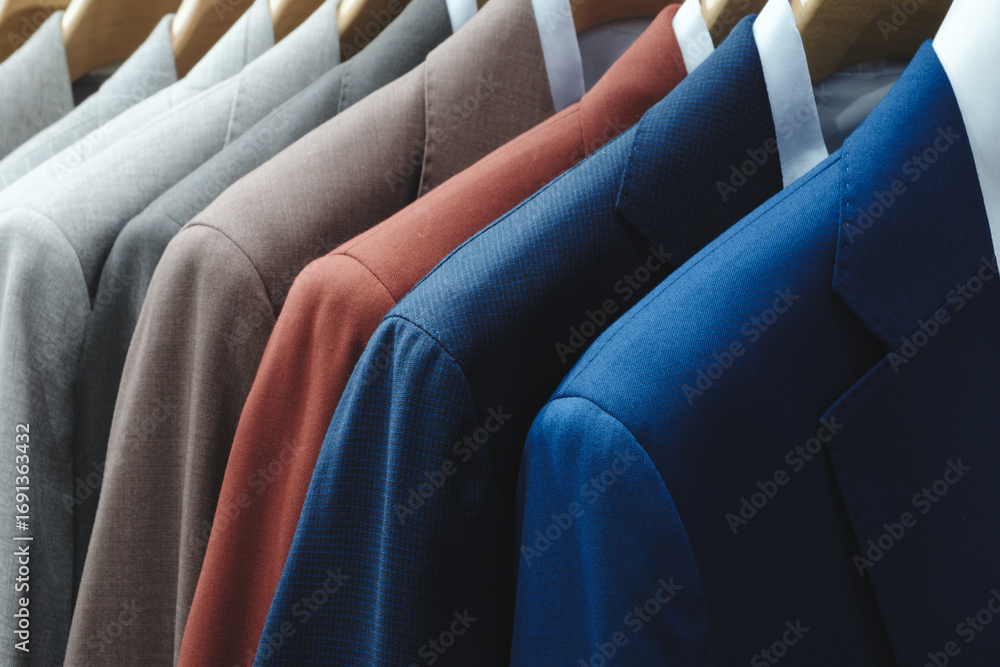 Obraz premium Row of suits hanging on a rack, with the blue suit on the far right. The suits are all different colors, and they are all hanging on the same rack