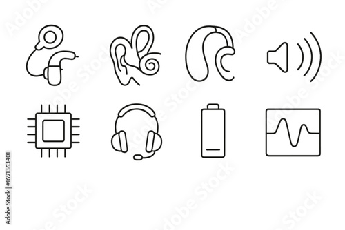 Hearing Implant Icons. Outline icon set of hearing implants: cochlear implant, ear canal diagram, hearing aid,