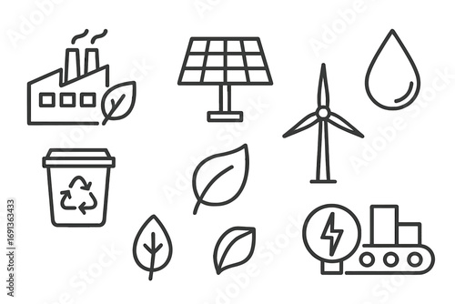 Sustainable Manufacturing Icons. Outline icon set of sustainable manufacturing: eco factory, solar panel, wind