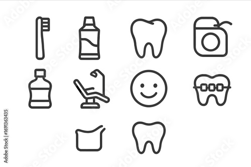 Children's Dental Care Icons. Outline icon set of children’s dental care: toothbrush, toothpaste, tooth icon,