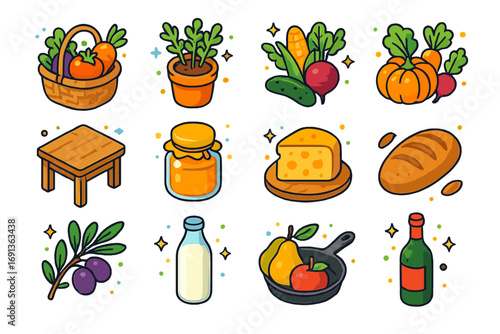 Farm Table Icons. Colorful isometric vector icons set of farm-to-table cooking: fresh produce basket, herbs pot, farm vegetables,