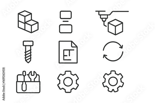 Modular Design Icons. Outline icon set of design for reuse: modular product, detachable part, 3D print, screw,