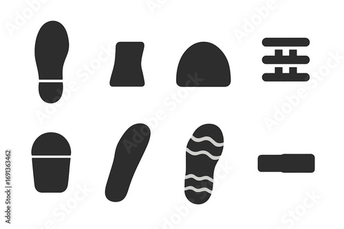 Shoe Parts Icon Set. Solid, filled icon set of shoe parts: sole, heel, toe cap, laces, tongue, insole, outsole, strap. Solid,