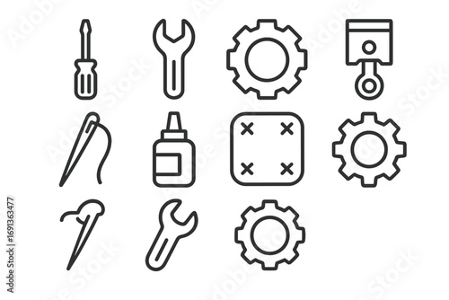 Product Repair Icons. Outline icon set of product repair: screwdriver, wrench, gear, spare part, sewing needle