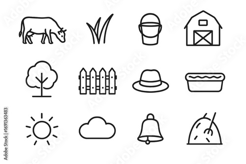 Farm Icons Set. Outline icon set of a cow grazing peacefully in a lush green pasture: cow, grass blades, milk bucket, barn, tree,
