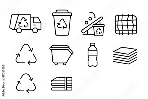 Recycling Icon Set. Outline icon set of recycling infrastructure: collection truck, recycling bin, sorting