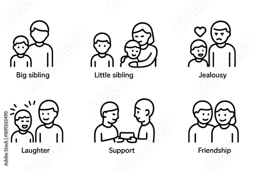Sibling Roles Icons. Outline icon set of sibling roles and emotions: big sibling, little sibling, caring, jealousy, laughter,