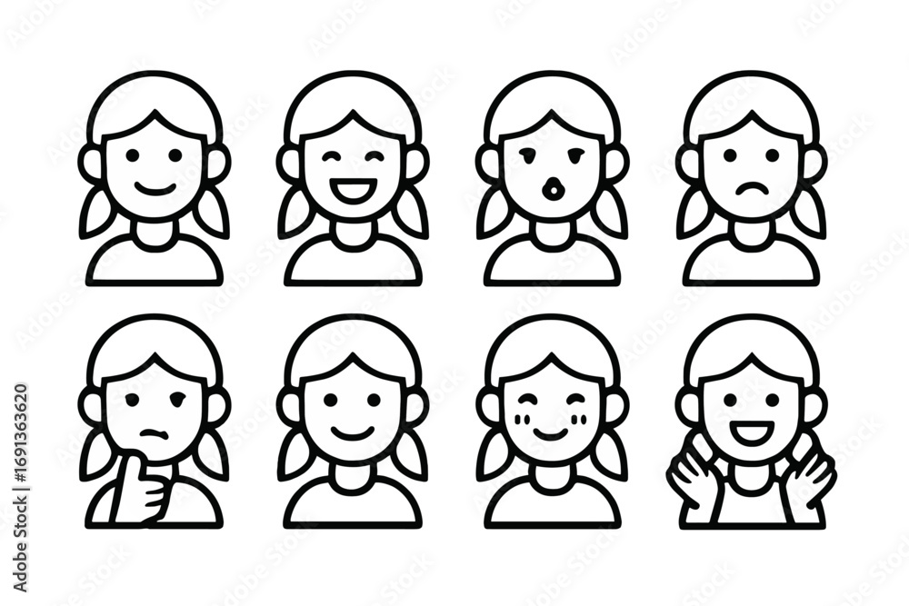 Fototapeta premium Sister's Emotion Icons. Outline icon set of sister’s emotions and expressions: smiling face, laughing face, surprised face, sad