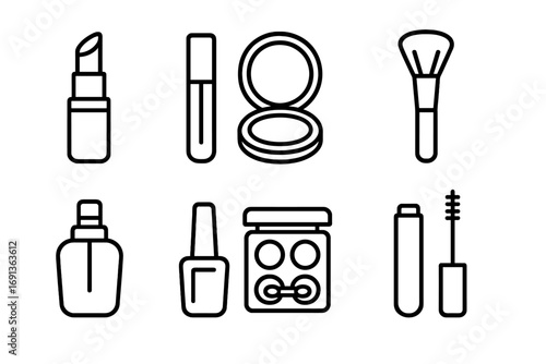 Silky Cosmetics Icons. Outline icon set of silky cosmetics: lipstick, lip gloss, compact powder, brush, perfume bottle, nail