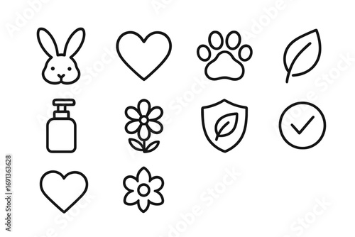 Cruelty-Free Icons Grid. Outline icon set of cruelty-free cosmetics: bunny symbol, heart, paw print, vegan