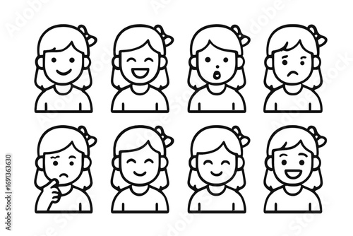Sister's Emotion Icons. Outline icon set of sister’s emotions and expressions: smiling face, laughing face, surprised face, sad