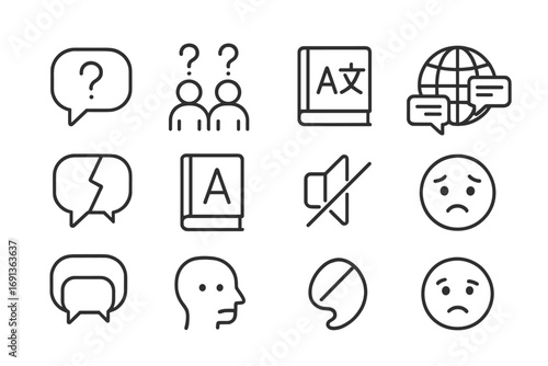Language Barriers Icons. Outline icon set of language barriers: speech bubble with question mark, two people