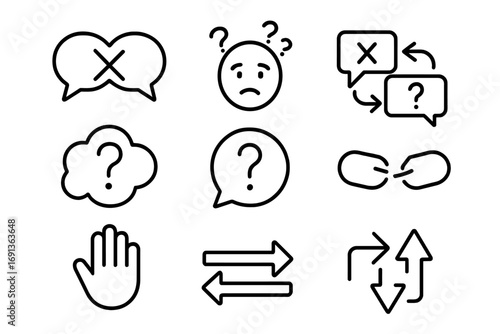 Miscommunication Icon Set. Outline icon set of miscommunication: crossed speech bubbles, confused face, wrong