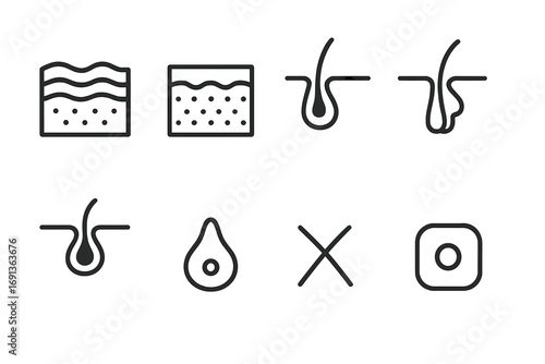 Skin Anatomy Icons. Outline icon set of skin anatomy and layers: epidermis, dermis, hair follicle, sweat gland, sebaceous gland,