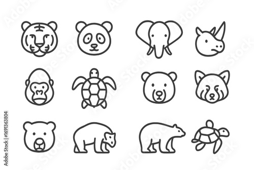 Endangered Species Icons. Outline icon set of endangered species in hotspots: tiger, panda, elephant, rhino,
