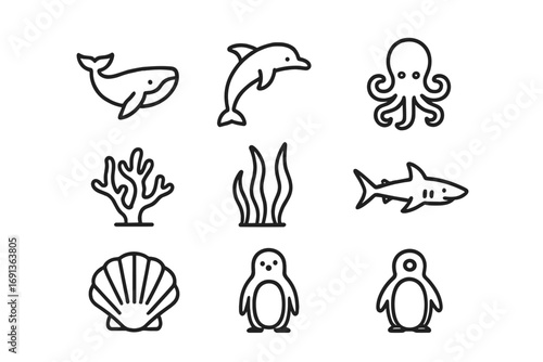Marine Biodiversity Icons. Outline icon set of marine biodiversity hotspots: whale, dolphin, octopus, coral,