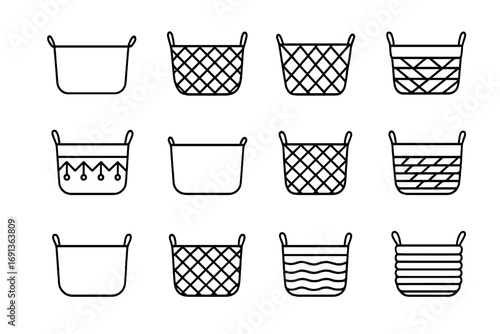 Stylish Basket Icons. Outline icon set of stylish home baskets: minimalist basket, Scandinavian weave, modern