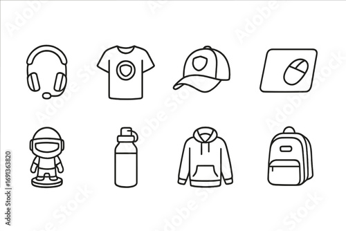 Esports Merchandise Icons. Outline icon set of Esports merchandise: gaming headset, branded T-shirt, team cap,