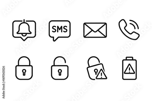 Smart Lock Icons Set. Outline icon set of smart lock notifications: push notification, SMS alert, email alert, phone call alert,
