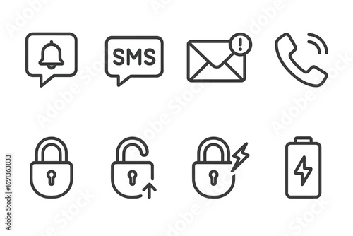 Smart Lock Icons Set. Outline icon set of smart lock notifications: push notification, SMS alert, email alert, phone call alert,